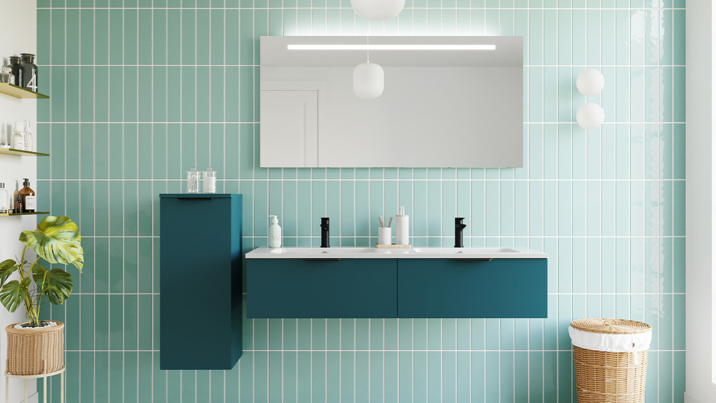 Meuble de salle de bain suspendu double vasque intégrée 140cm 2 tiroirs