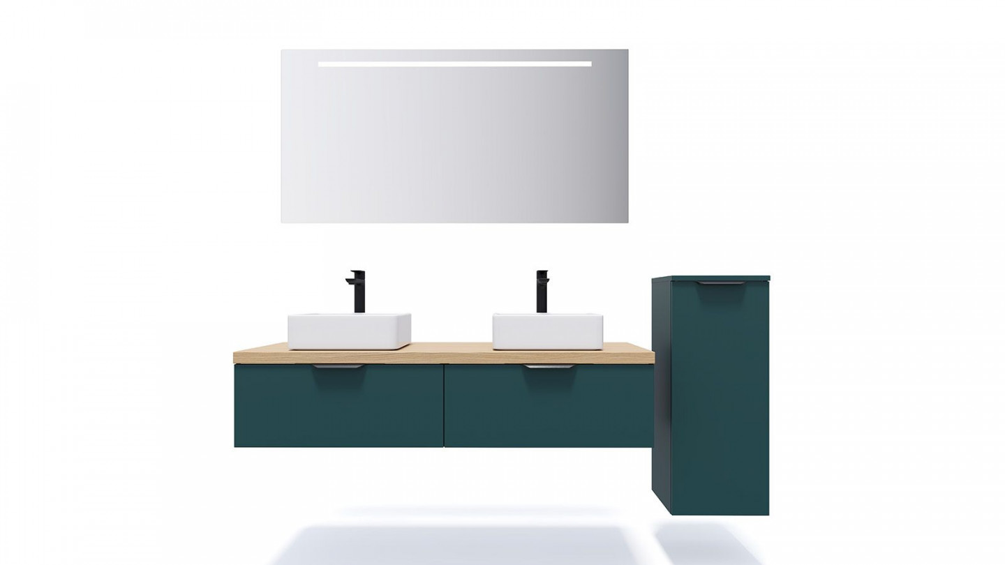 Meuble de salle de bains 140 cm Tropical - 2 tiroirs - 2 vasques carrées + miroir + demi-colonne ouverture à droite - Loft
