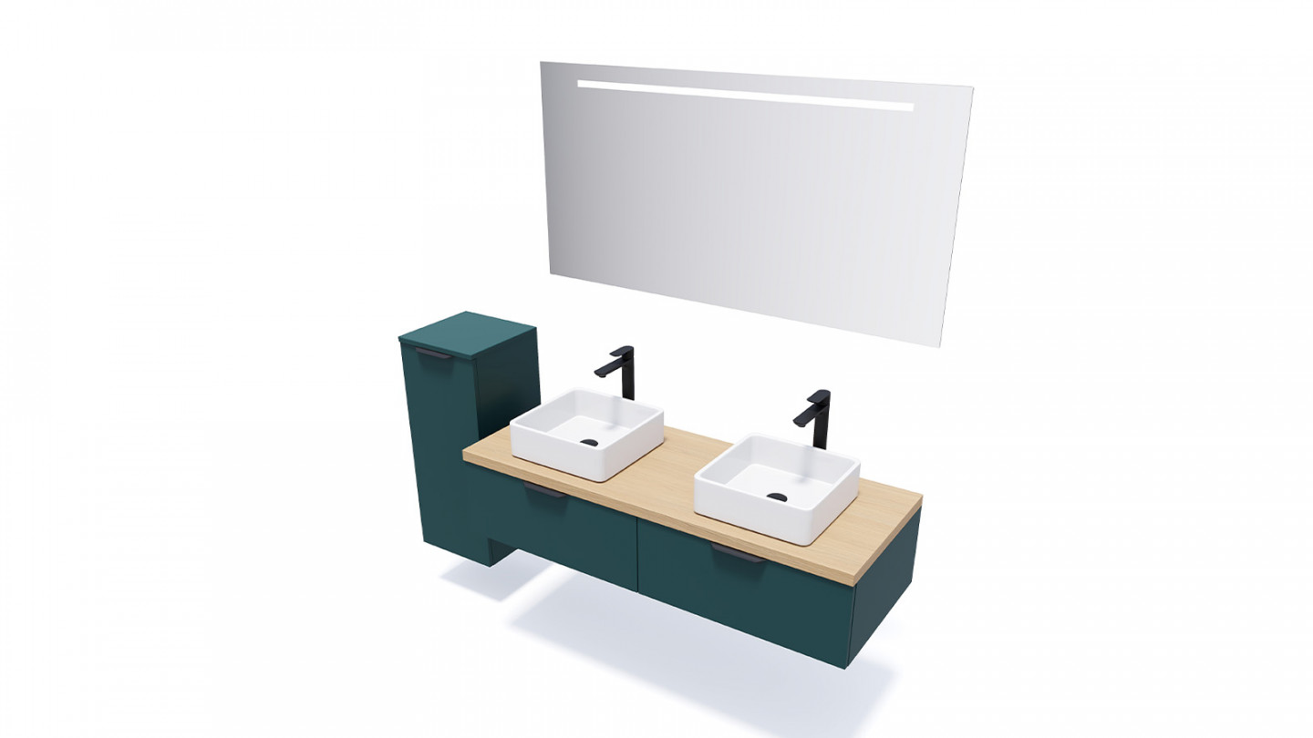 Meuble de salle de bains 140 cm Tropical - 2 tiroirs - 2 vasques carrées + miroir + demi-colonne ouverture à gauche - Loft