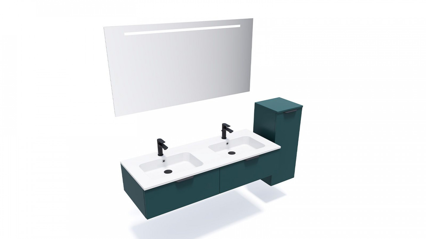 Meuble de salle de bains 140 cm Tropical - 2 tiroirs - double vasque + miroir + demi-colonne ouverture à droite - Loft