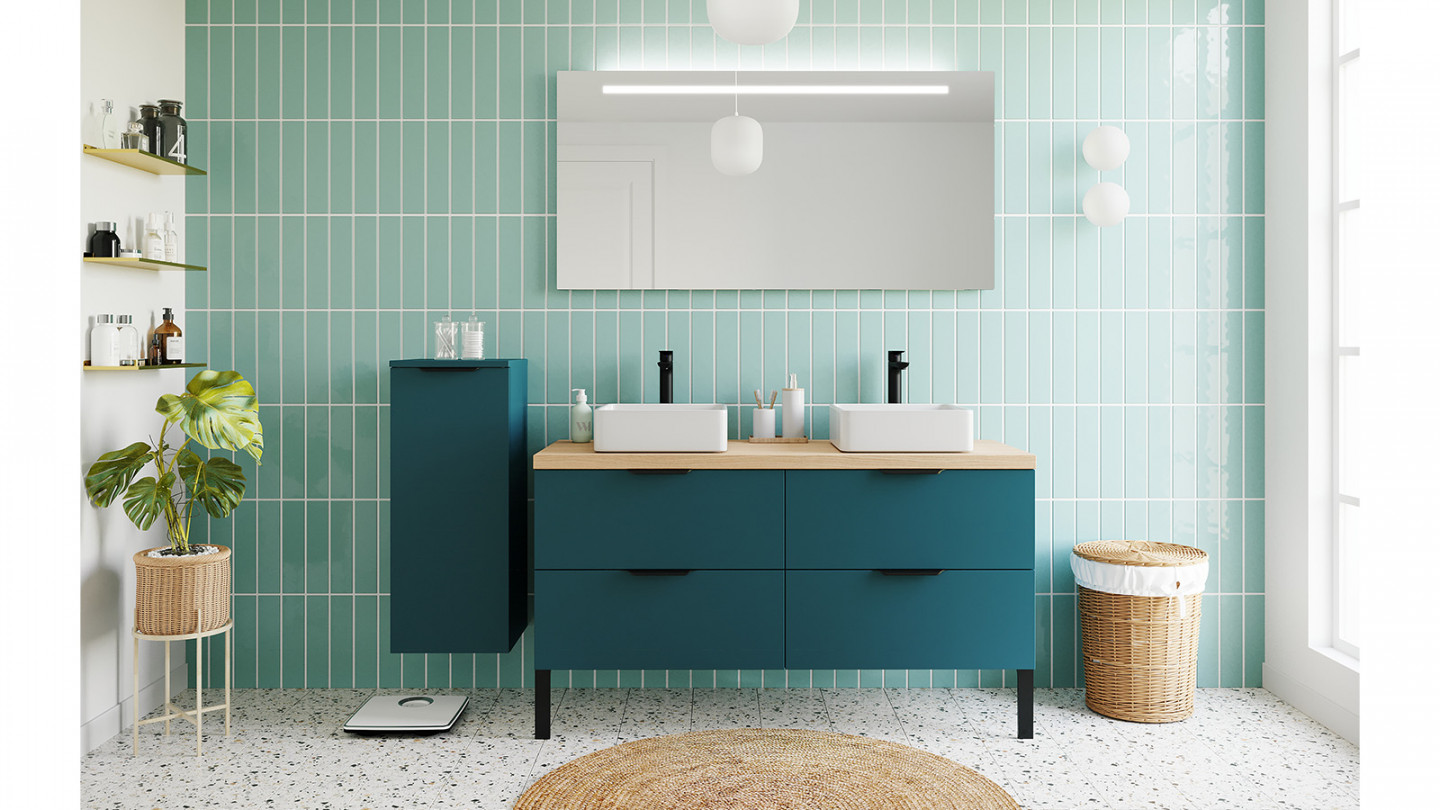 Meuble de salle de bain suspendu 2 vasques à poser 140cm 4 tiroirs Bleu