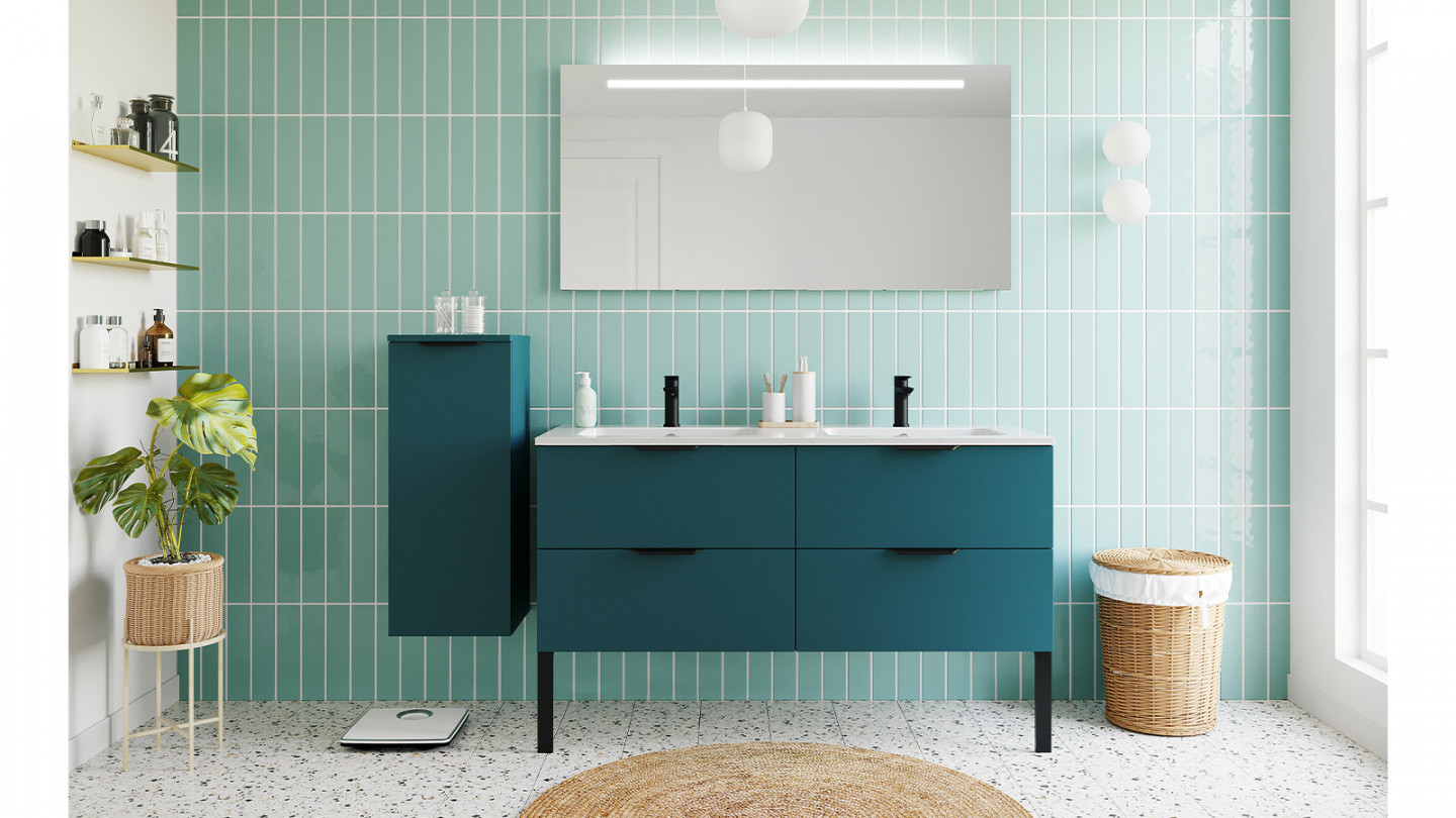 Meuble de salle de bain suspendu double vasque intégrée 140cm 4 tiroirs