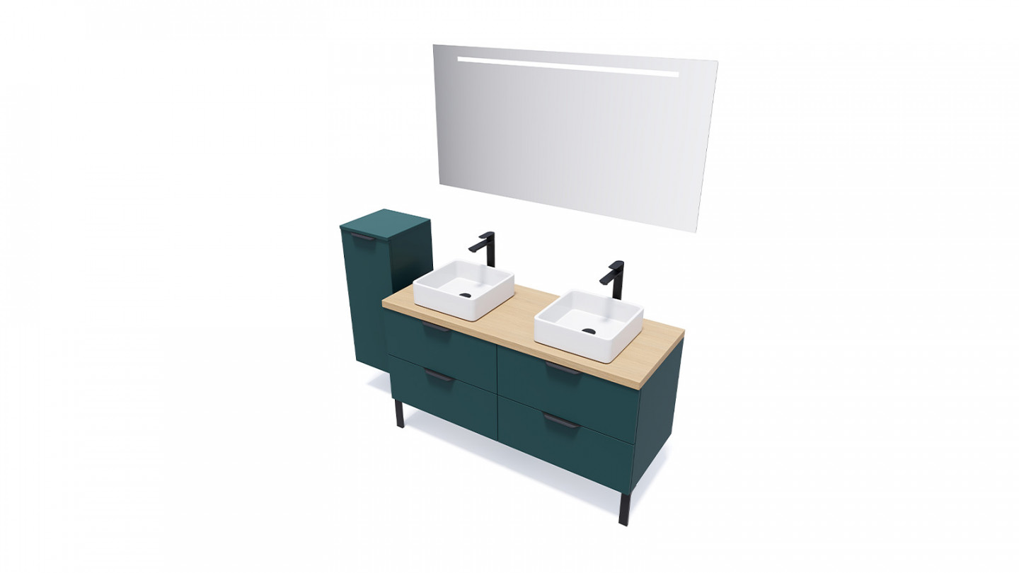 Meuble de salle de bains 140 cm Tropical - 4 tiroirs - 2 vasques carrées + miroir - Loft