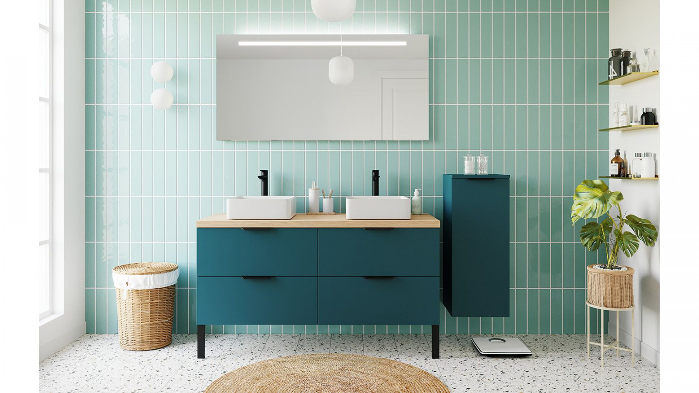 Meuble de salle de bains 140 cm Tropical - 4 tiroirs - 2 vasques carrées + miroir + demi-colonne ouverture à droite - Loft