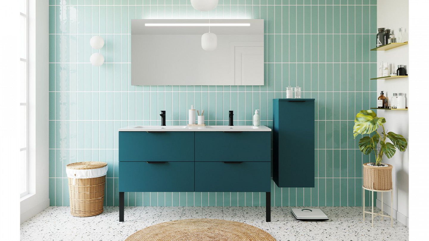 Meuble de salle de bains 140 cm Tropical - 4 tiroirs - double vasque + miroir + demi-colonne ouverture à droite - Loft
