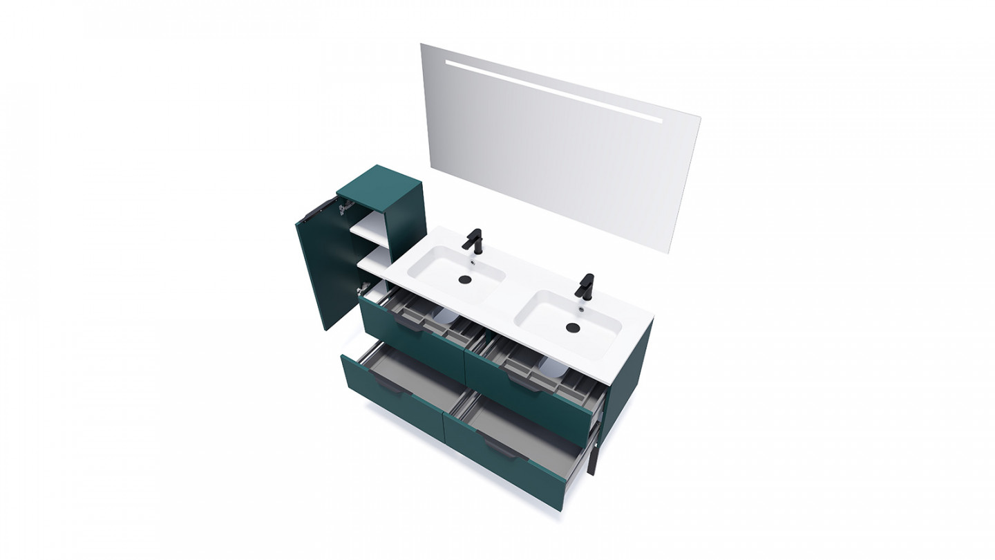 Meuble de salle de bains 140 cm Tropical - 4 tiroirs - double vasque + miroir + demi-colonne ouverture à gauche - Loft