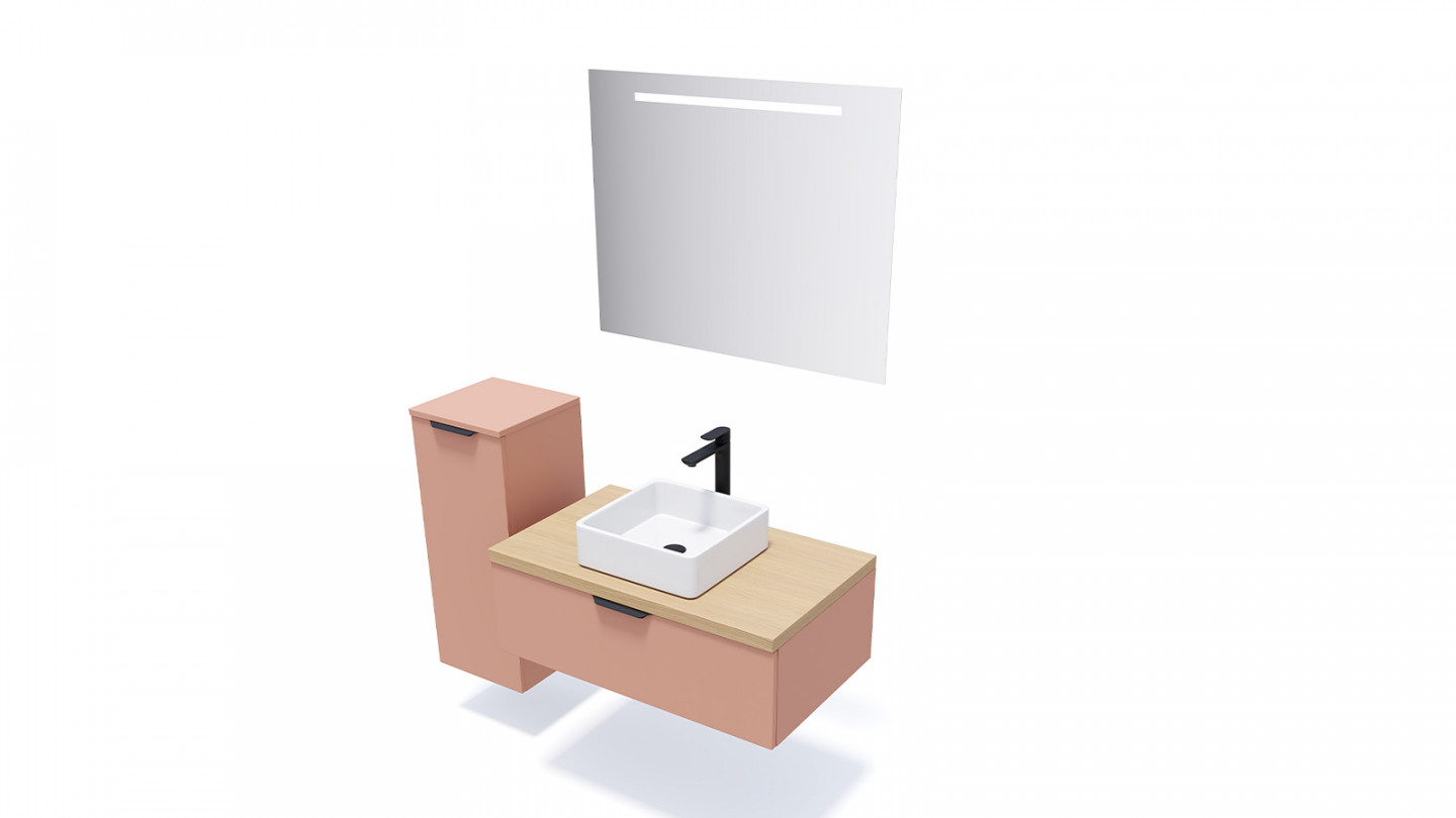 Meuble de salle de bains 90 cm Abricot - 1 tiroir - vasque carrée + miroir - Loft