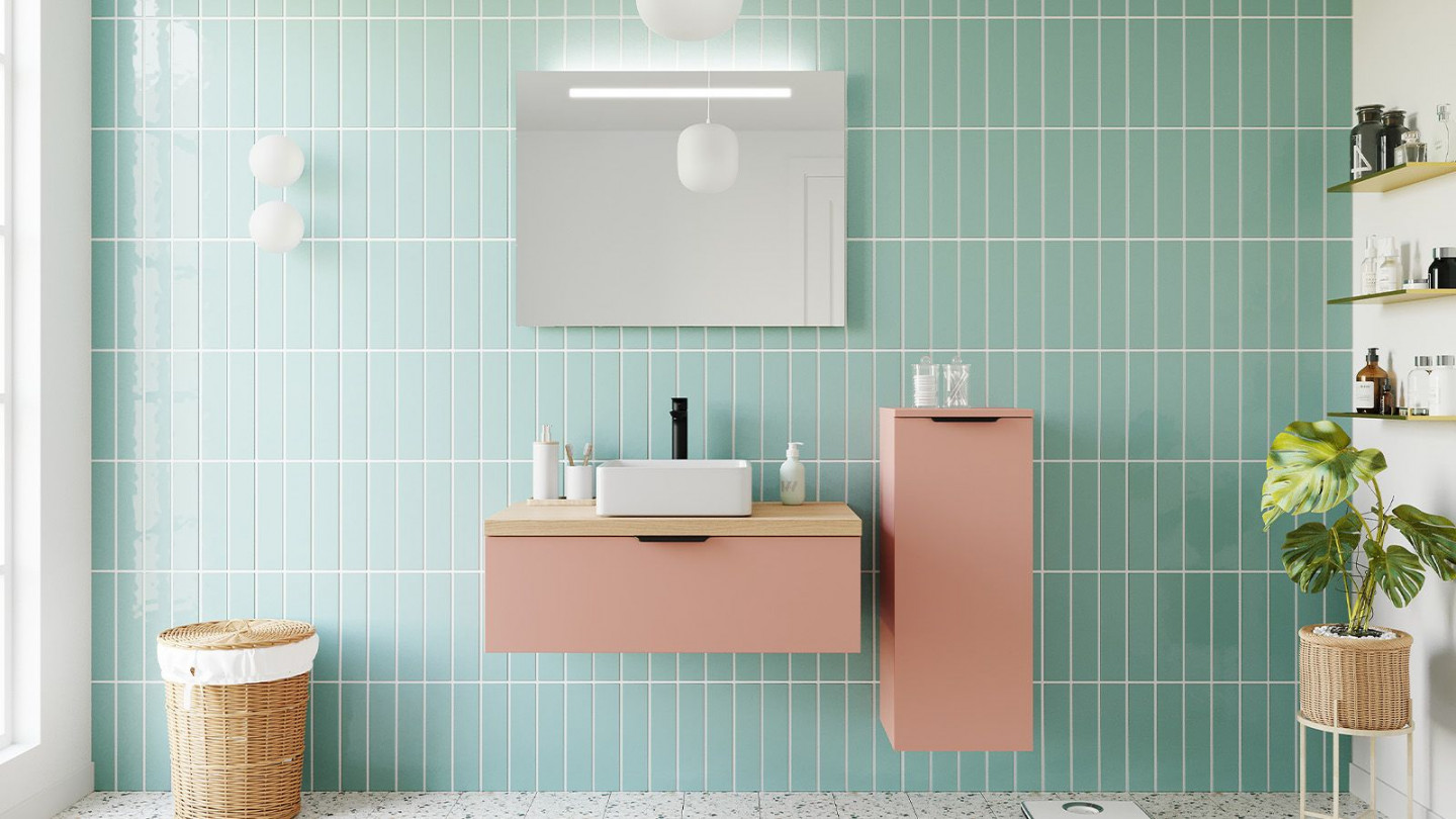 Meuble de salle de bains 90 cm Abricot - 1 tiroir - vasque carrée + miroir + demi-colonne ouverture à droite - Loft