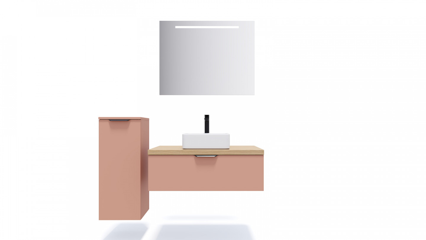 Meuble de salle de bains 90 cm Abricot - 1 tiroir - vasque carrée + miroir + demi-colonne ouverture à gauche - Loft