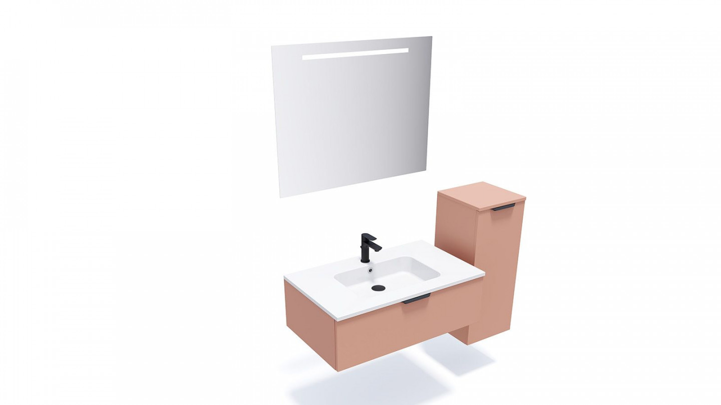 Meuble de salle de bains 90 cm Abricot - 1 tiroir - simple vasque + miroir + demi-colonne ouverture à droite - Loft