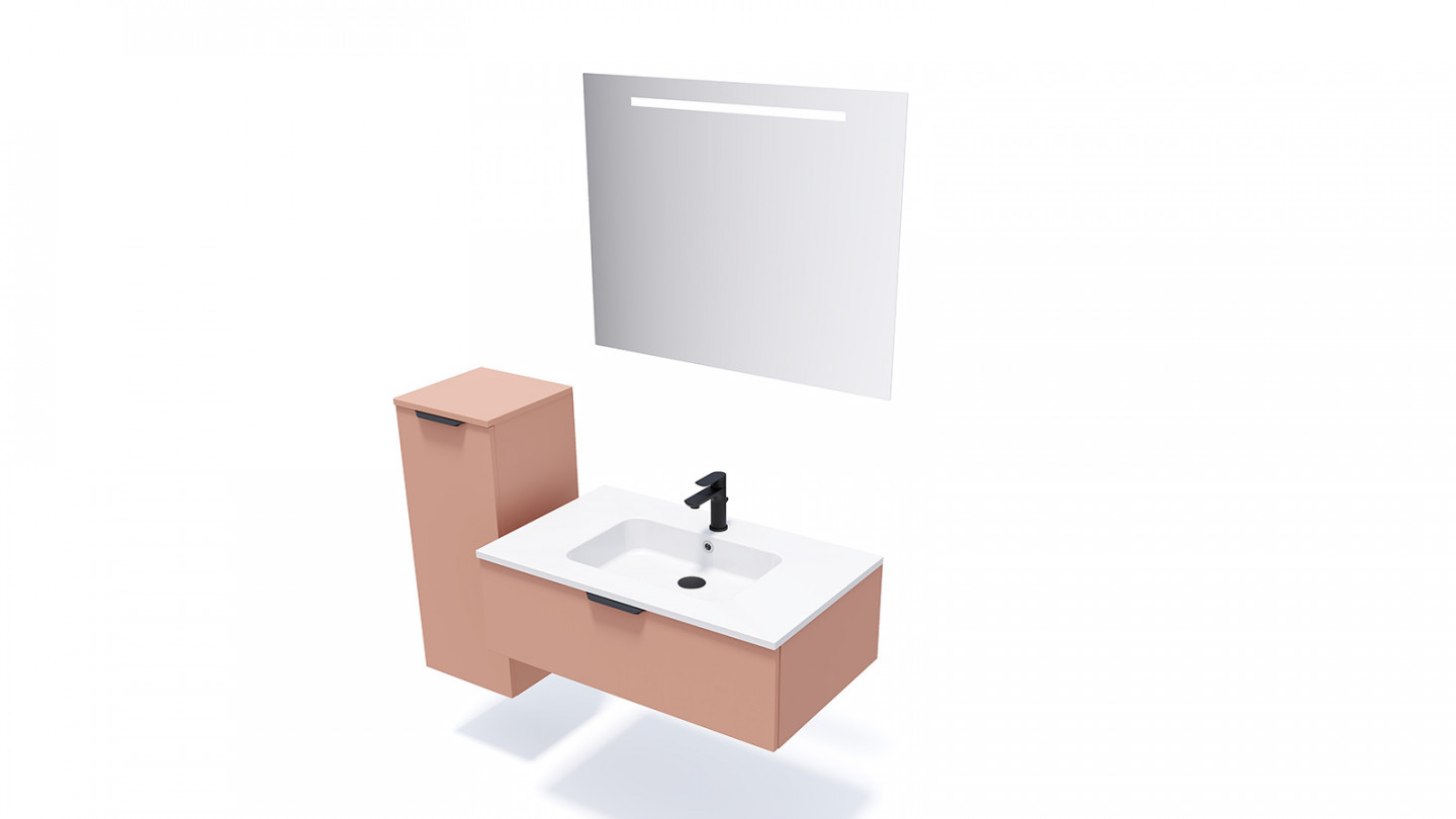Meuble de salle de bains 90 cm Abricot - 1 tiroir - simple vasque + miroir + demi-colonne ouverture à gauche - Loft