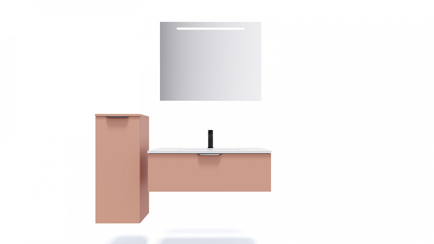 Meuble de salle de bains 90 cm Abricot - 1 tiroir - simple vasque + miroir + demi-colonne ouverture à gauche - Loft