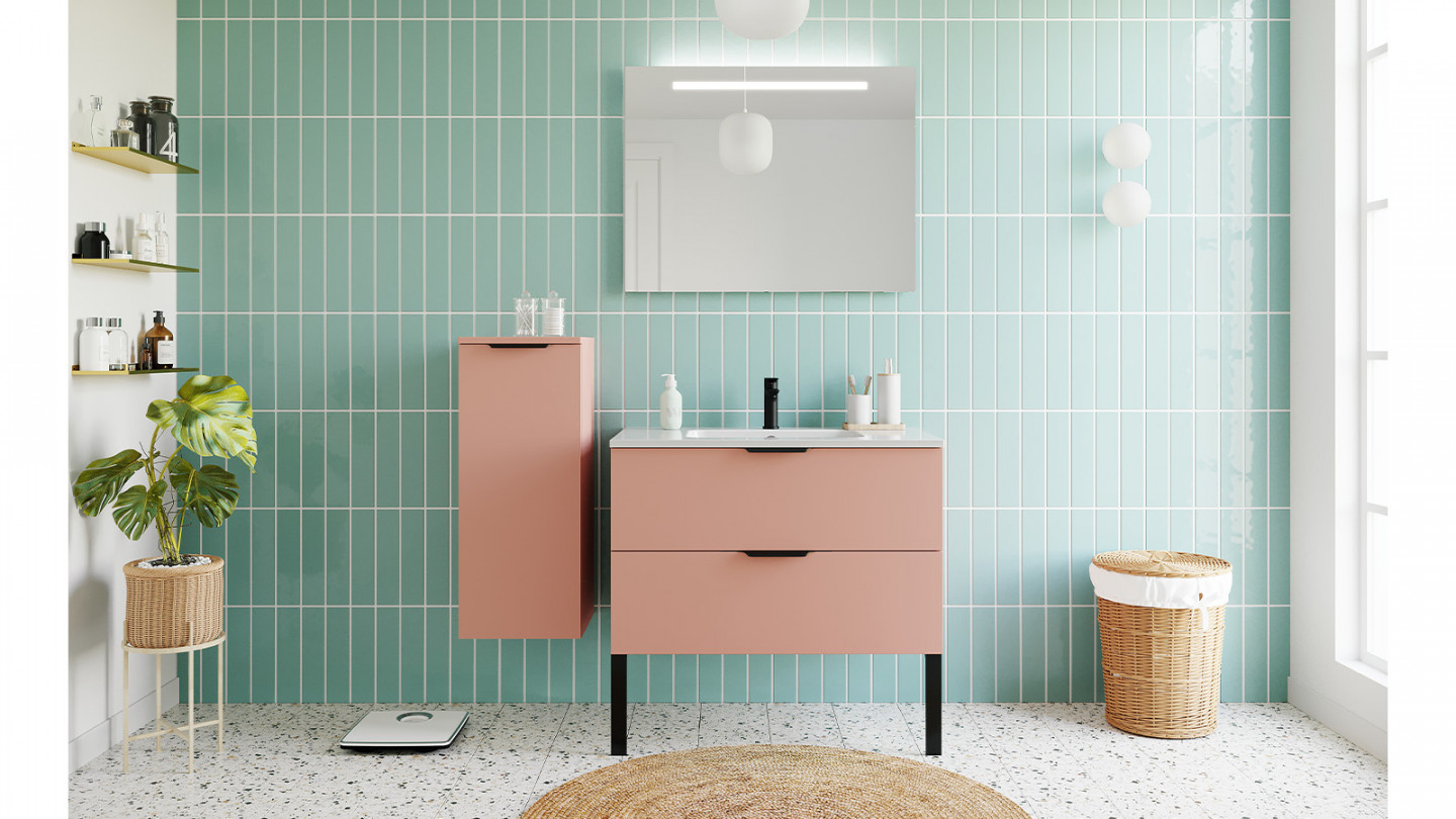 Meuble de salle de bains 90 cm Abricot - 2 tiroirs - simple vasque + miroir - Loft