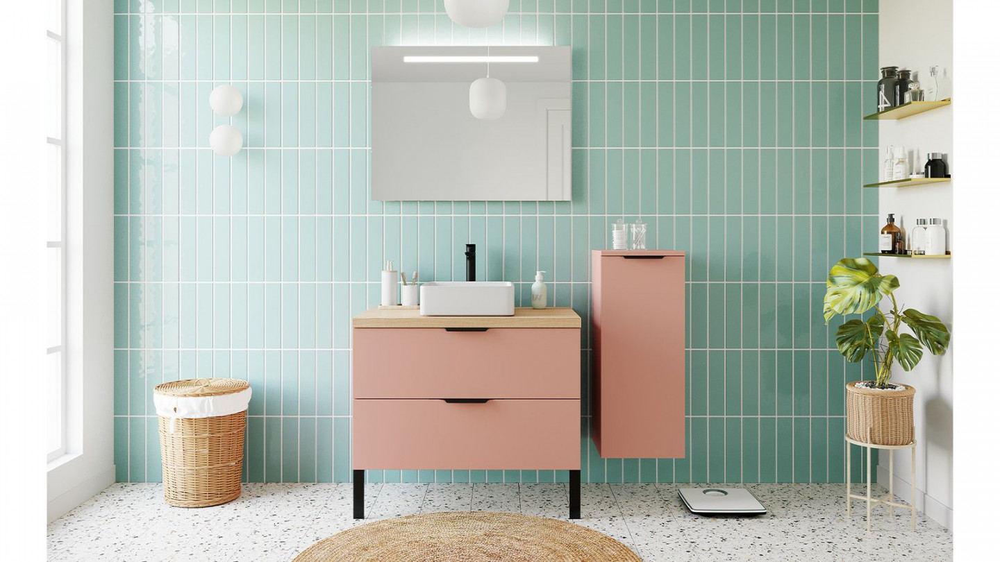 Meuble de salle de bains 90 cm Abricot - 2 tiroirs - vasque carrée + miroir + demi-colonne ouverture à droite - Loft