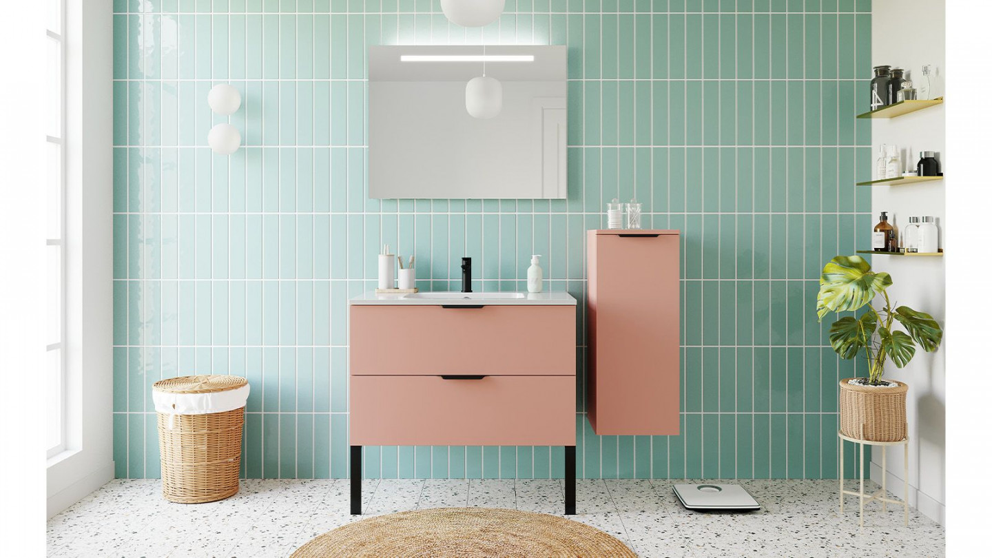 Meuble de salle de bains 90 cm Abricot - 2 tiroirs - simple vasque + miroir + demi-colonne ouverture à droite - Loft