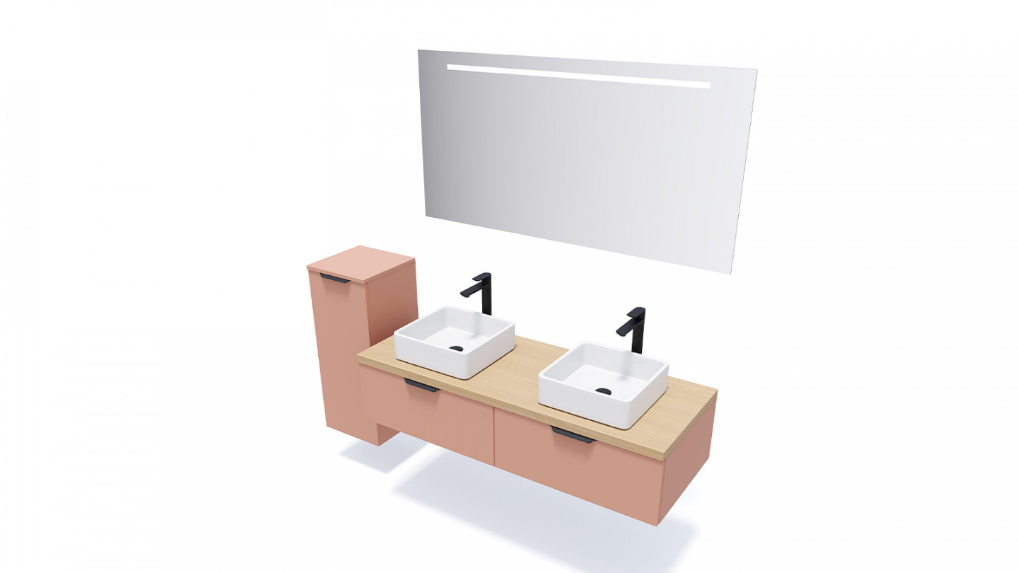 Meuble de salle de bains 140 cm Abricot - 2 tiroirs - 2 vasques carrées + miroir - Loft