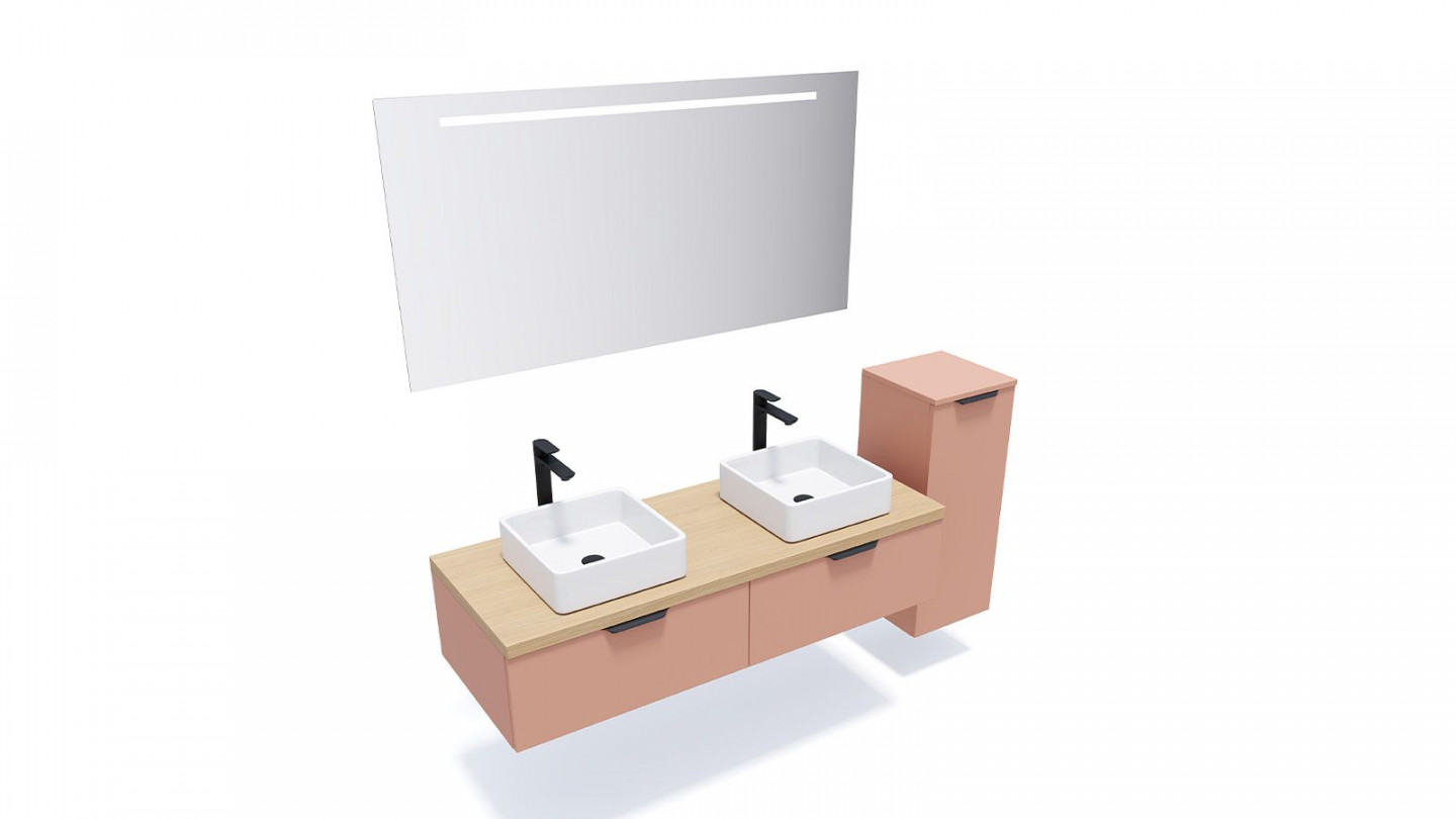 Meuble de salle de bains 140 cm Abricot - 2 tiroirs - 2 vasques carrées + miroir + demi-colonne ouverture à droite - Loft
