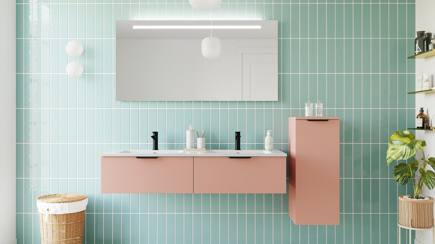 Meuble de salle de bains 140 cm Abricot - 2 tiroirs - double vasque + miroir + demi-colonne ouverture à droite - Loft