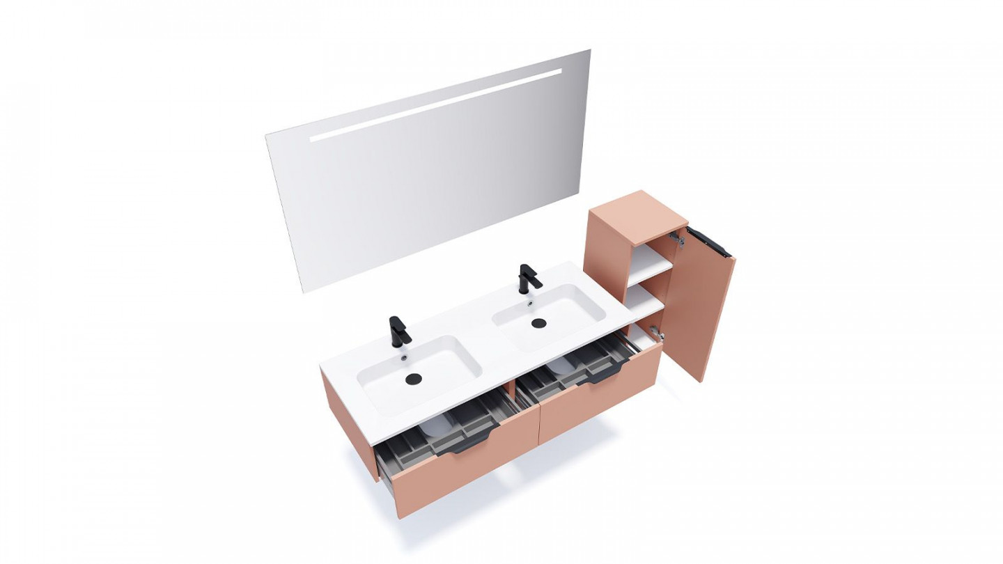 Meuble de salle de bains 140 cm Abricot - 2 tiroirs - double vasque + miroir + demi-colonne ouverture à droite - Loft