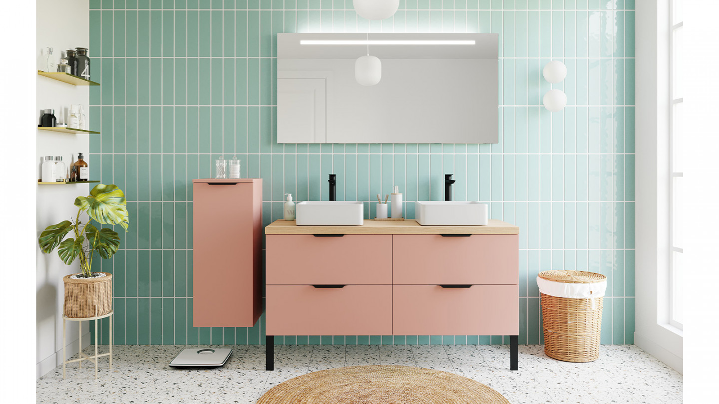 Meuble de salle de bain suspendu 2 vasques à poser 140cm 4 tiroirs