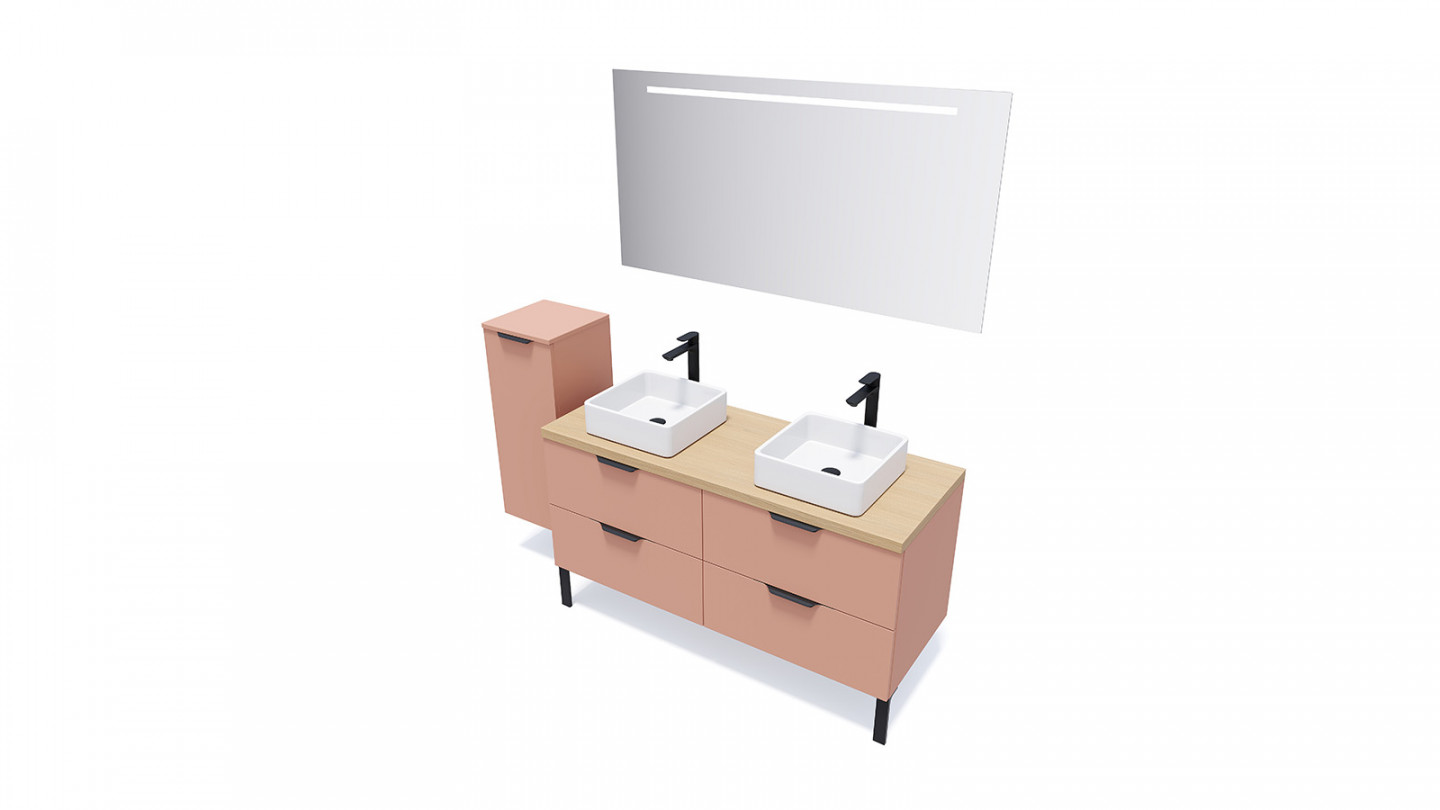 Meuble de salle de bains 140 cm Abricot - 4 tiroirs - 2 vasques carrées - Loft