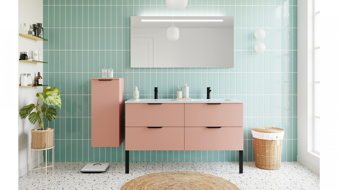 Meuble de salle de bains 140 cm Abricot - 4 tiroirs - double vasque + miroir - Loft