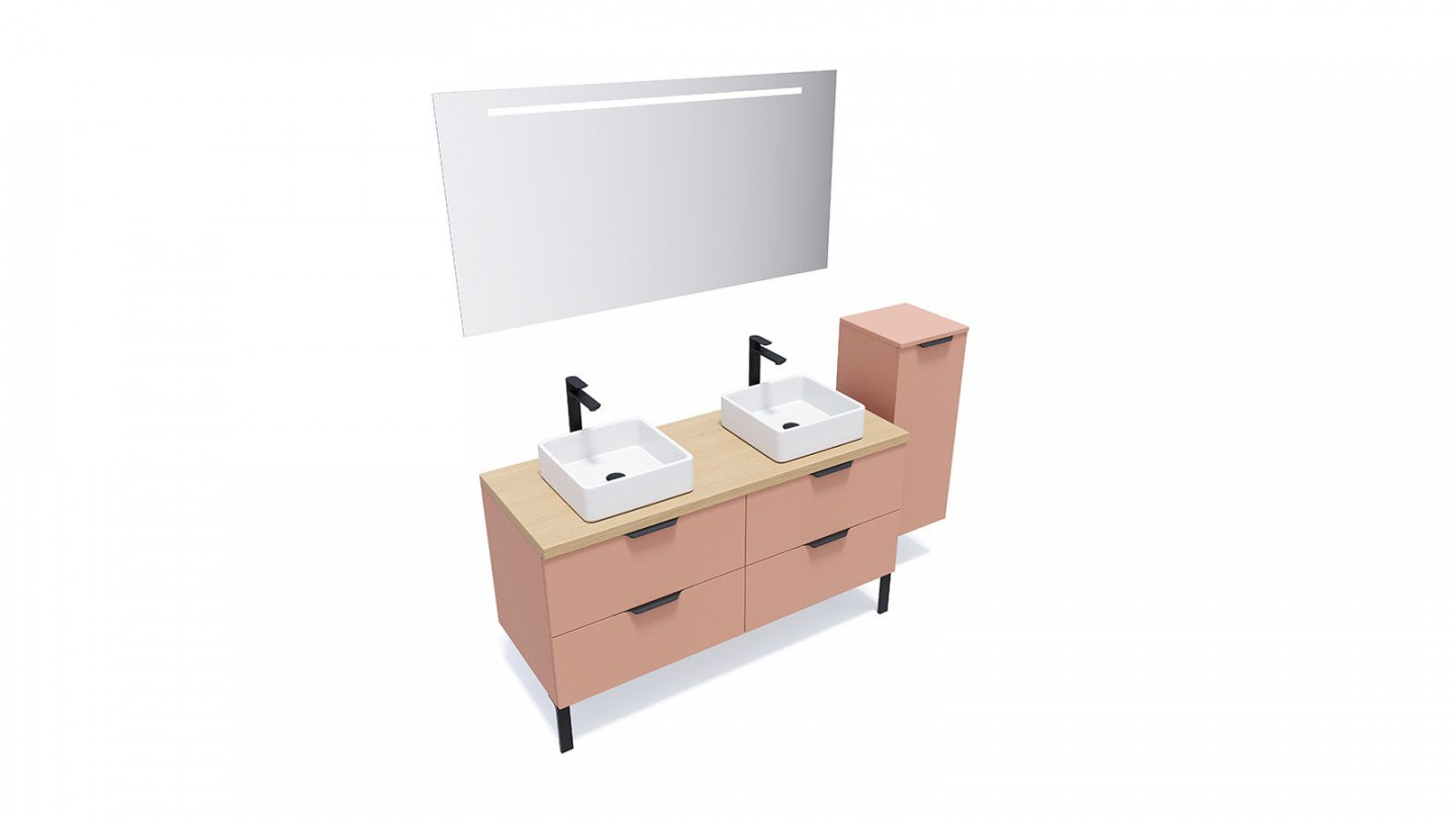 Meuble de salle de bains 140 cm Abricot - 4 tiroirs - 2 vasques carrées + miroir + demi-colonne ouverture à droite - Loft