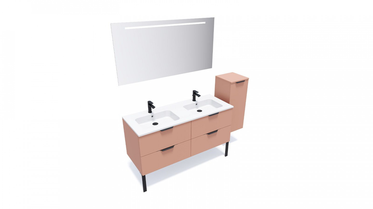 Meuble de salle de bains 140 cm Abricot - 4 tiroirs - double vasque + miroir + demi-colonne ouverture à droite - Loft