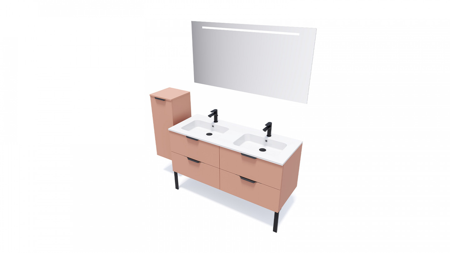 Meuble de salle de bains 140 cm Abricot - 4 tiroirs - double vasque + miroir + demi-colonne ouverture à gauche - Loft
