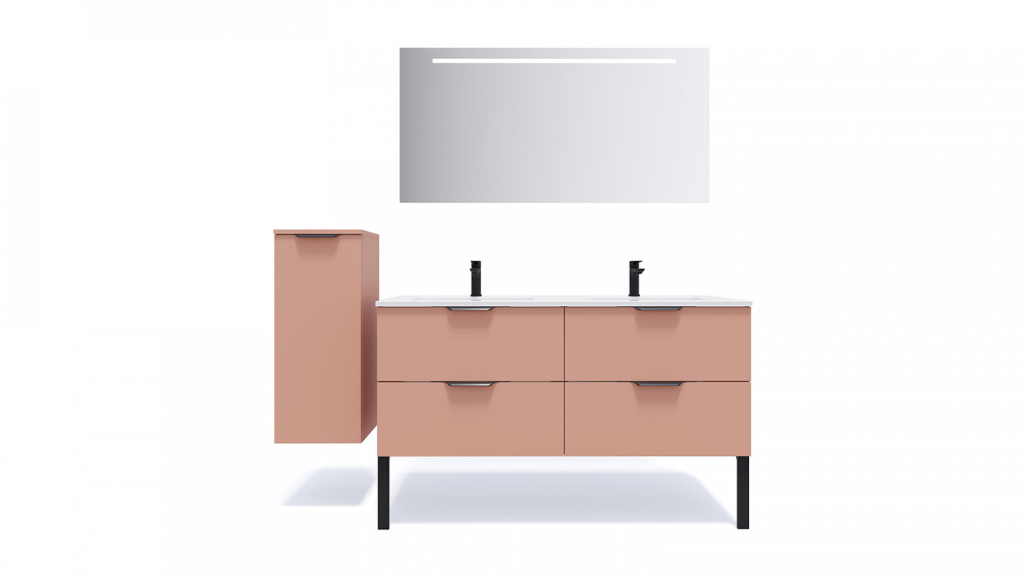 Meuble de salle de bains 140 cm Abricot - 4 tiroirs - double vasque + miroir + demi-colonne ouverture à gauche - Loft