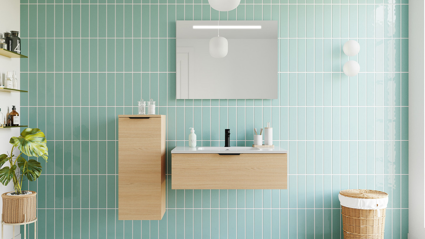 Meuble de salle de bains 90 cm Chêne clair - 1 tiroir - simple vasque + miroir - Loft