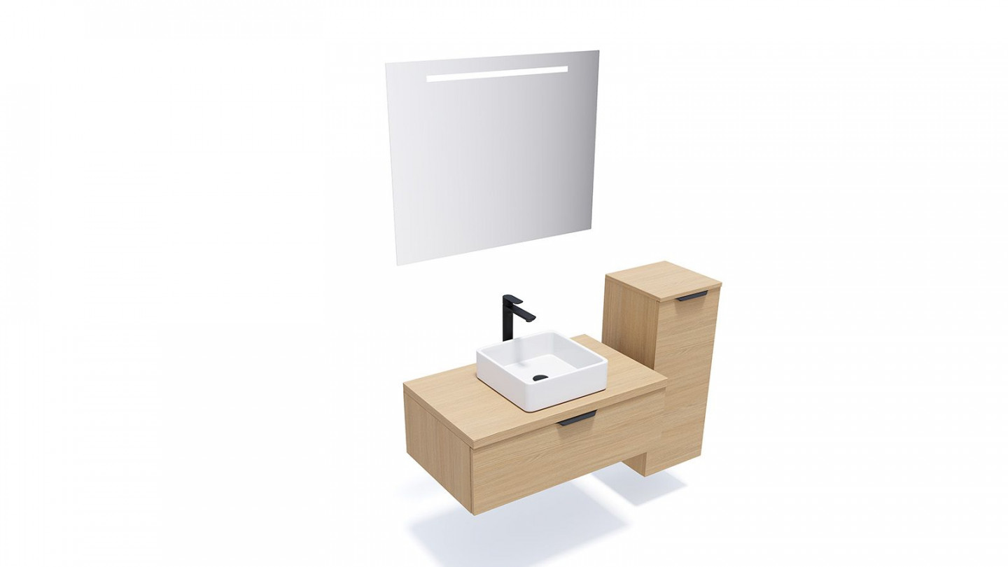 Meuble de salle de bains 90 cm Chêne clair - 1 tiroir - vasque carrée + miroir + demi-colonne ouverture à droite - Loft