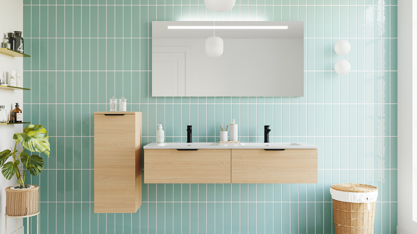 Meuble de salle de bain suspendu double vasque intégrée 140cm 2 tiroirs