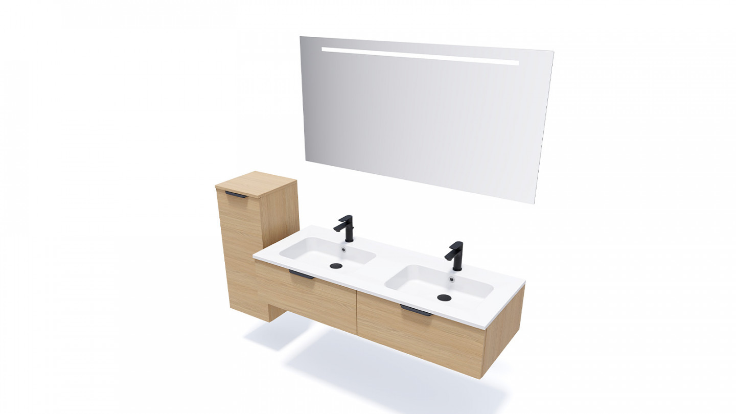 Meuble de salle de bain suspendu double vasque intégrée 140cm 2 tiroirs