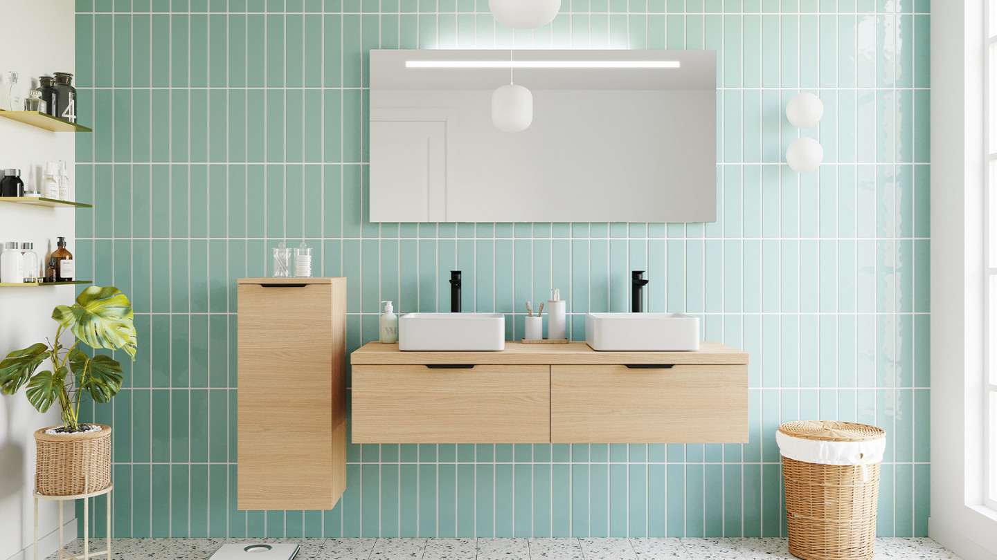 Meuble de salle de bains 140 cm Chêne clair - 2 tiroirs - 2 vasques carrées + miroir - Loft