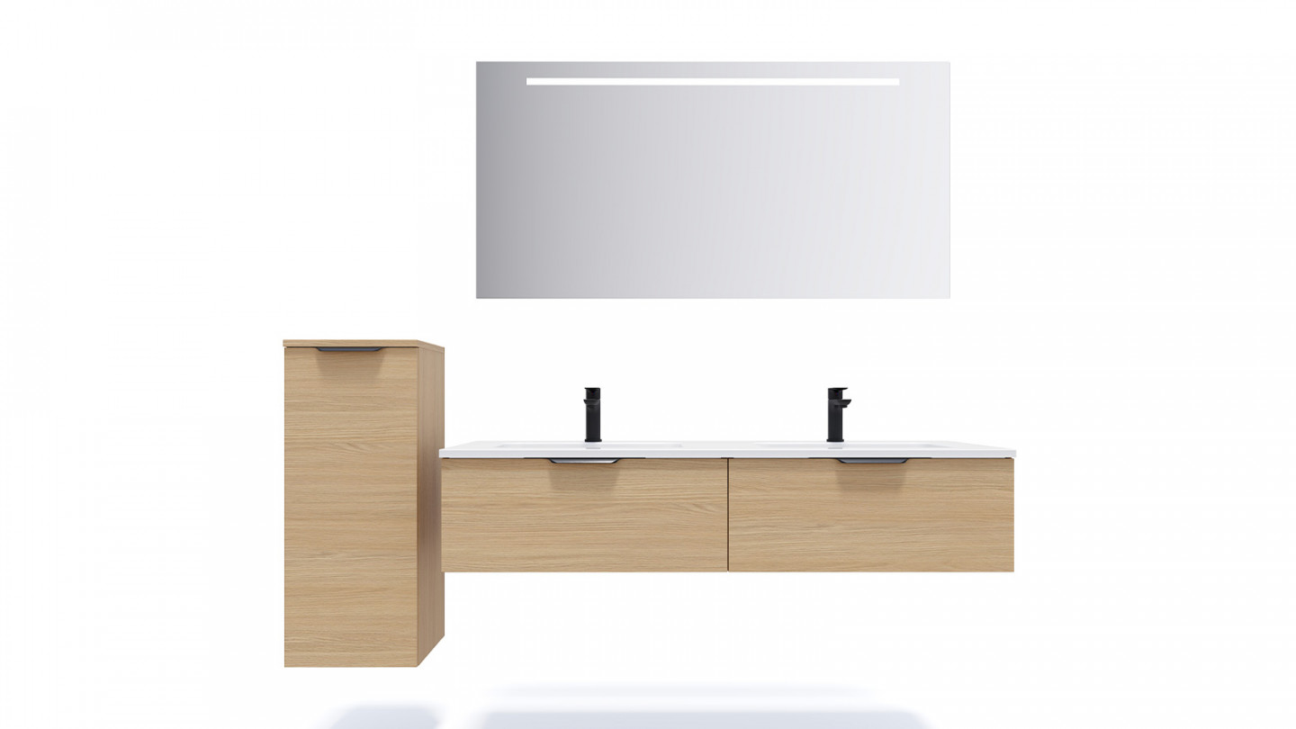 Meuble de salle de bain suspendu double vasque intégrée 140cm 2 tiroirs