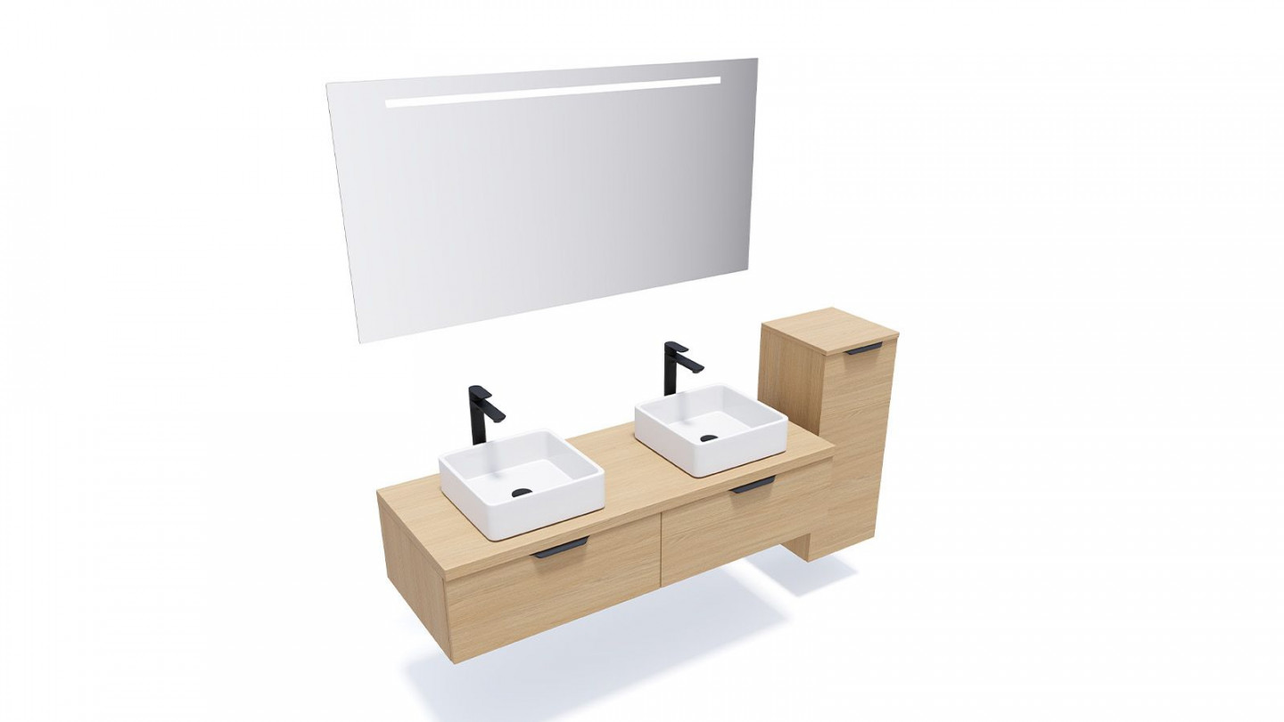 Meuble de salle de bains 140 cm Chêne clair - 2 tiroirs - 2 vasques carrées + miroir + demi-colonne ouverture à droite - Loft