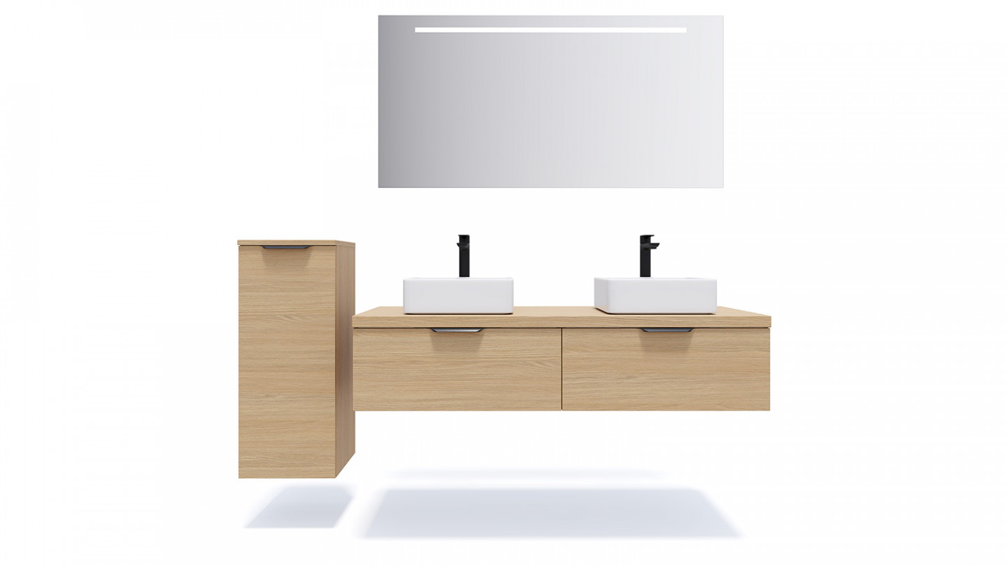 Meuble de salle de bains 140 cm Chêne clair - 2 tiroirs - 2 vasques carrées + miroir + demi-colonne ouverture à gauche - Loft