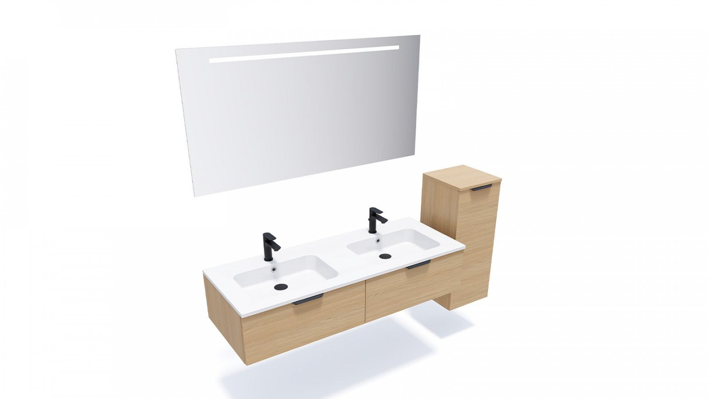 Meuble de salle de bains 140 cm Chêne clair - 2 tiroirs - double vasque + miroir + demi-colonne ouverture à droite - Loft