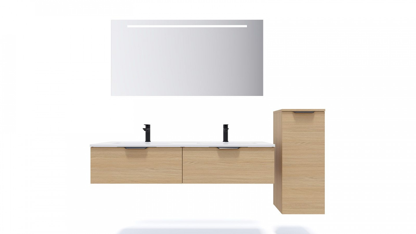 Meuble de salle de bains 140 cm Chêne clair - 2 tiroirs - double vasque + miroir + demi-colonne ouverture à droite - Loft
