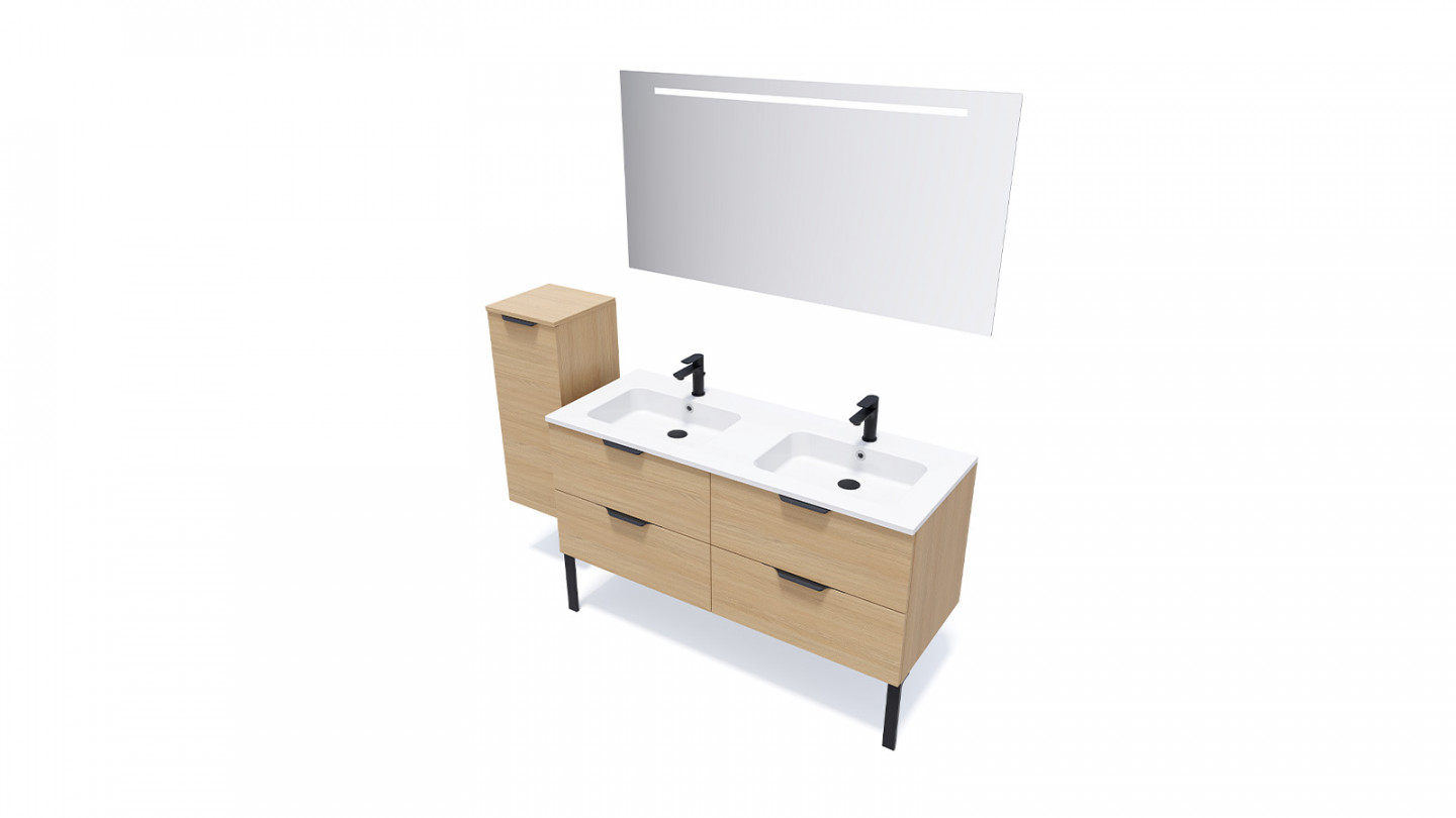 Meuble de salle de bain suspendu double vasque intégrée 140cm 4 tiroirs