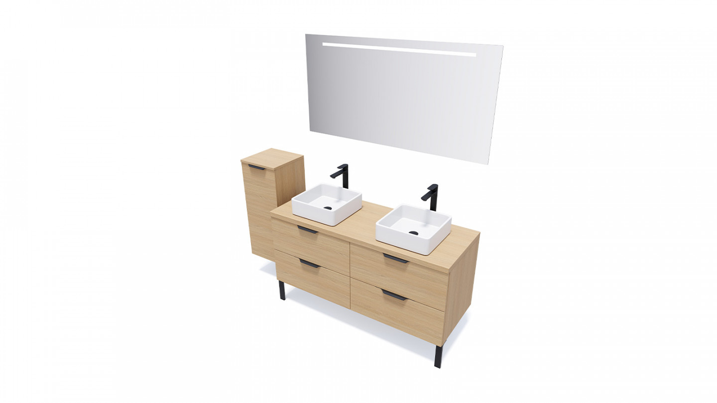 Meuble de salle de bains 140 cm Chêne clair - 4 tiroirs - 2 vasques carrées + miroir - Loft