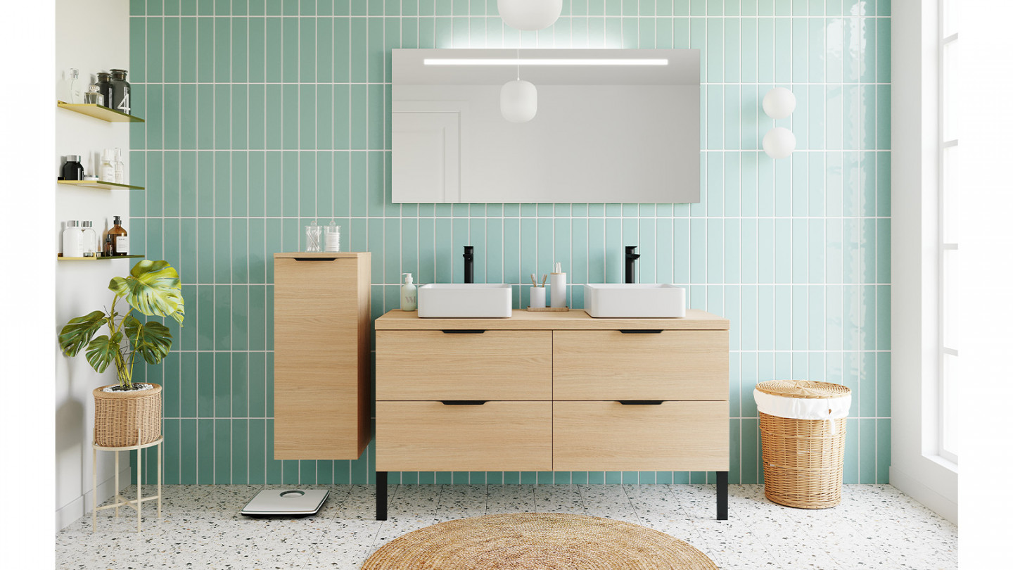 Meuble de salle de bain suspendu 2 vasques à poser 140cm 4 tiroirs