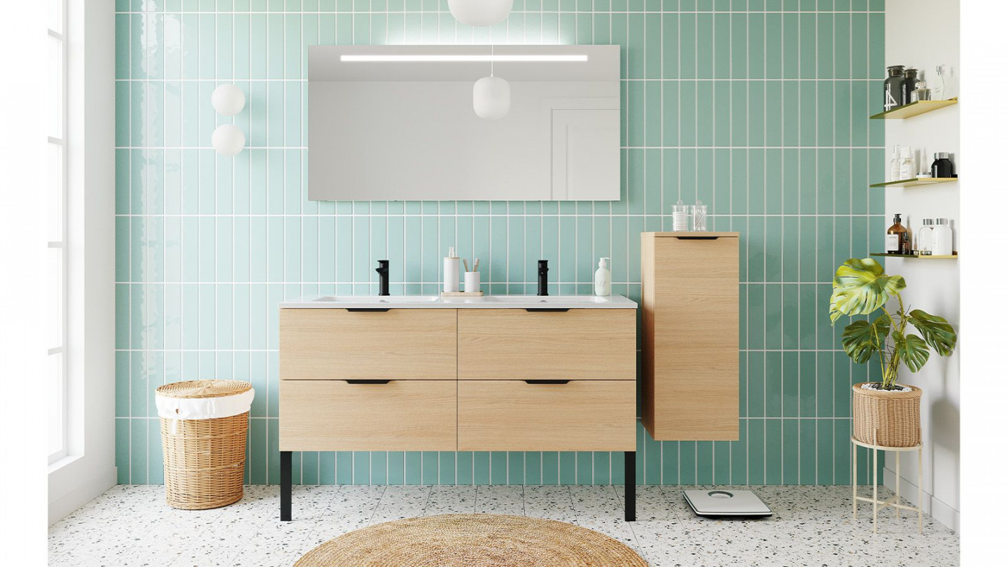 Meuble de salle de bain suspendu double vasque intégrée 140cm 4 tiroirs