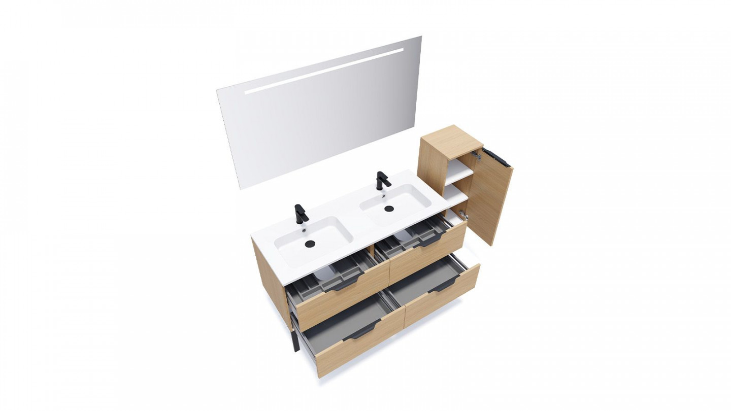 Meuble de salle de bain suspendu double vasque intégrée 140cm 4 tiroirs