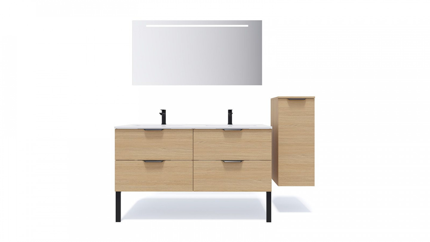 Meuble de salle de bain suspendu double vasque intégrée 140cm 4 tiroirs