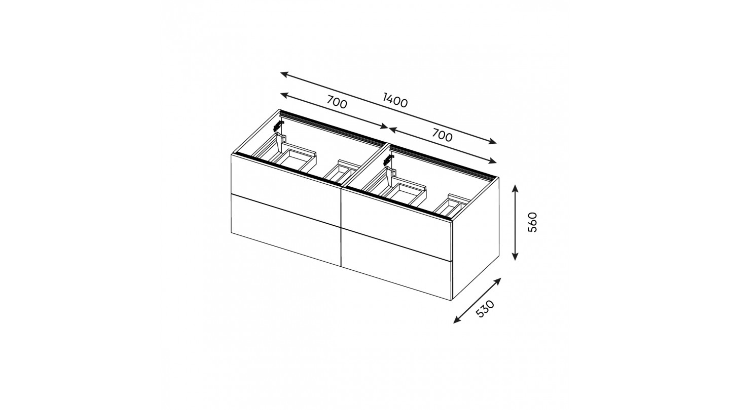 Meuble de salle de bain suspendu double vasque intégrée 140cm 4 tiroirs