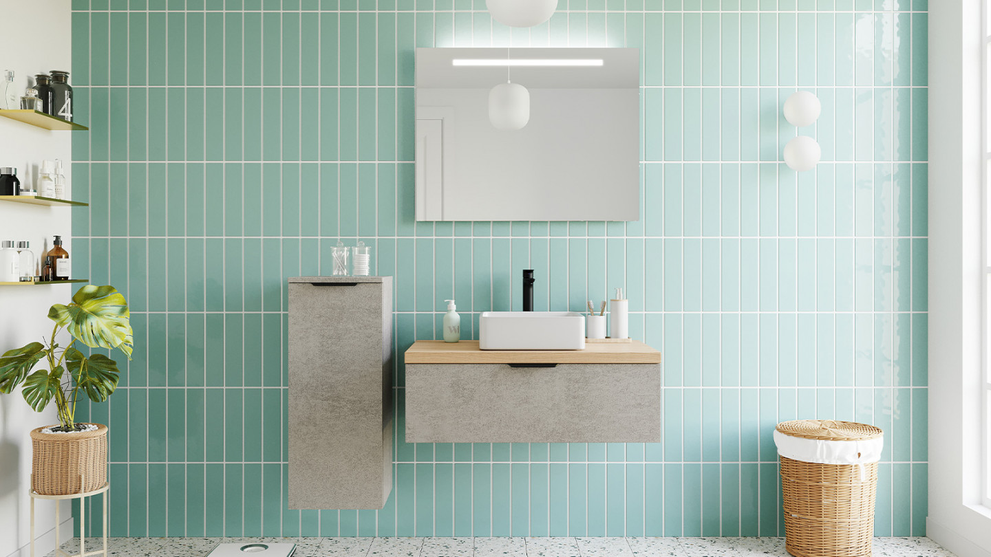 Meuble de salle de bains 90 cm Béton taloché - 1 tiroir - vasque carrée + miroir - Loft
