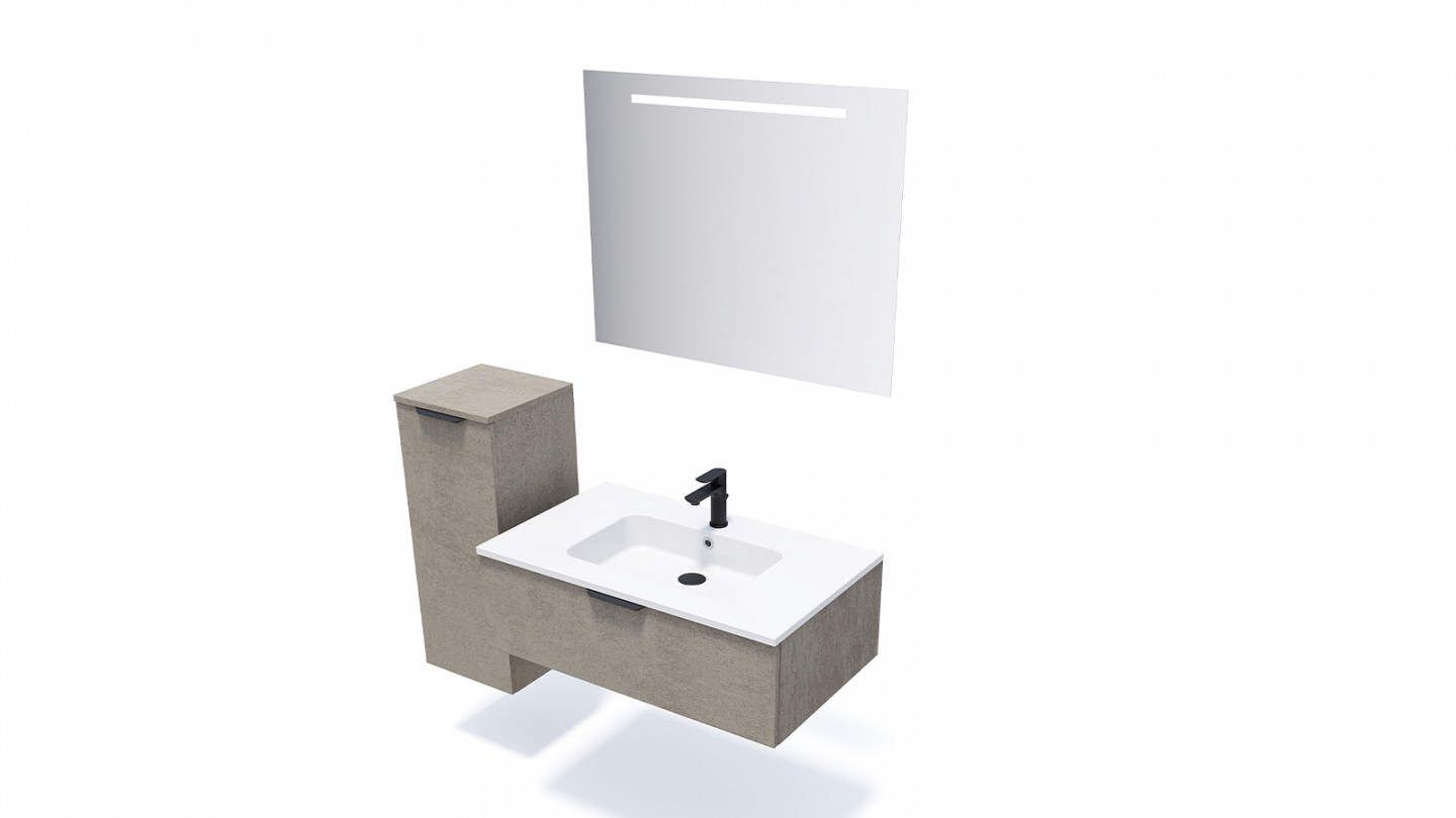 Meuble de salle de bains 90 cm Béton taloché - 1 tiroir - simple vasque + miroir - Loft