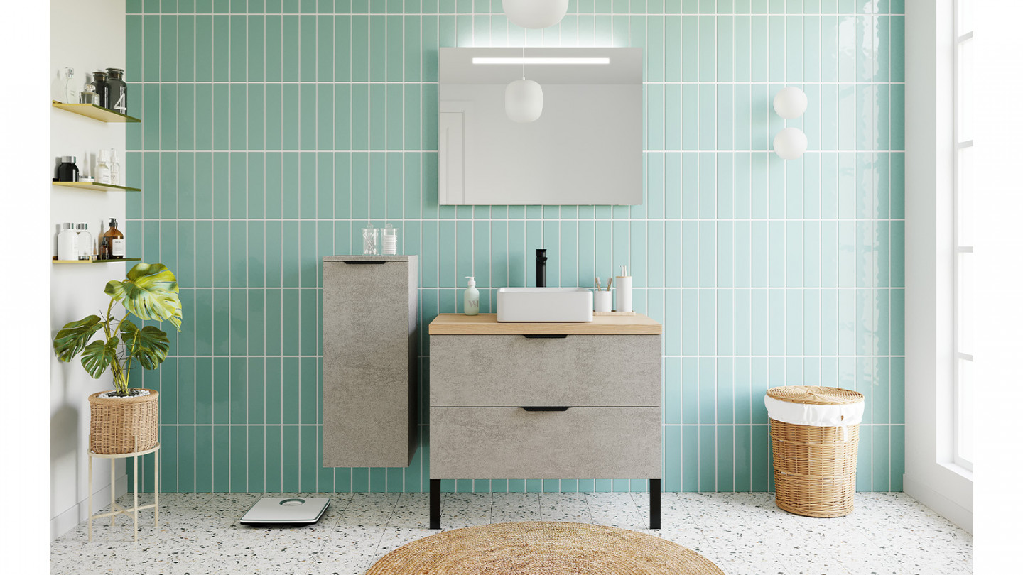 Meuble de salle de bains 90 cm Béton taloché - 2 tiroirs - vasque carrée + miroir - Loft